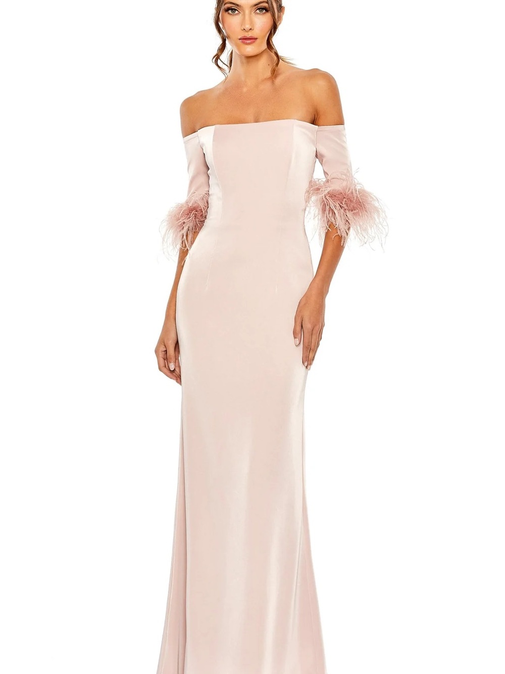Mac Duggal Off-Shoulder Feather Trim Blush Evening Gown